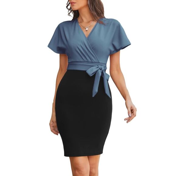 GRACE KARIN Elegante kantoorjurk voor dames, 3/4 mouwen, V-hals, bodycon, zakelijke jurk, cocktailjurk, zwart, XXL